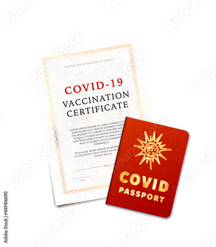 COVID-19 vaccination certificate and passport on white