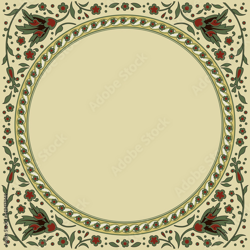 Decorative round floral framework. Ancient Persian style. Floral corners.