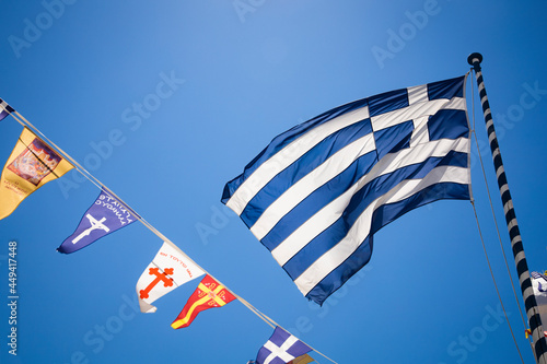 The flag of Greece on the island of Mykonos photo