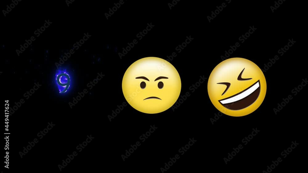 Digital animation of laughing, angry face emoji and number nine on fire icon on black background Digital animation of laughing, angry face emoji and number nine on fire icon on black background