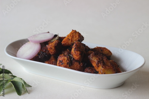 Marinated and air fried basa fish. A health way of preparing fish fry. photo