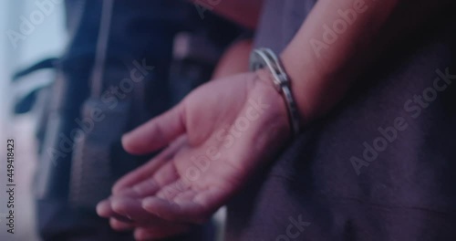 Man Is Put In Hand Cuffs, Arrest By Two Police Officers, Cops, Under Arrest. Hands Behind Back, Walking, Perp Walk