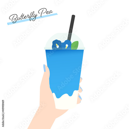 バタフライピーのラテ：きれいな青い飲みものを持つ女性の手（白背景）