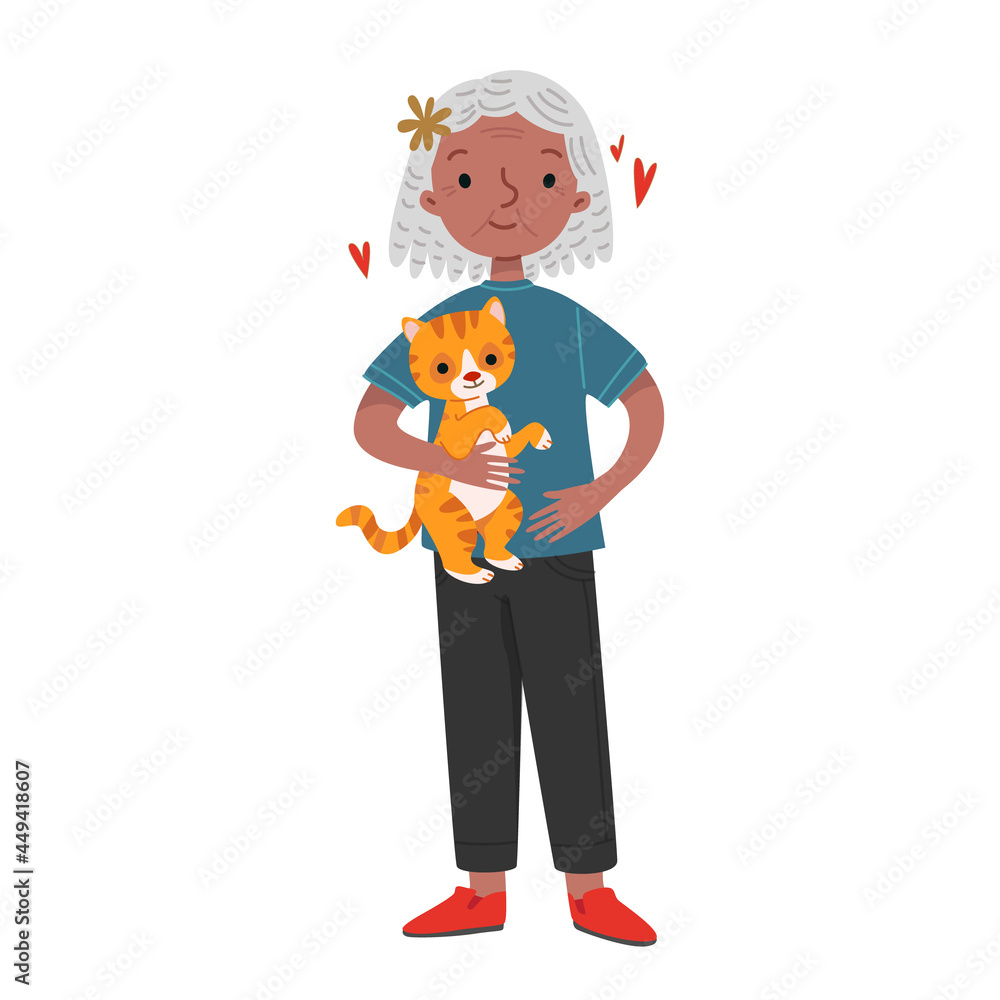 An elderly black woman stands tall and holds a ginger cat. Old character in cartoon style. Vector funny illustration of a man. Isolate on a white background about the love of pets An elderly black woman stands tall and holds a ginger cat. Old character in cartoon style. Vector funny illustration of a man. Isolate on a white background about the love of pets