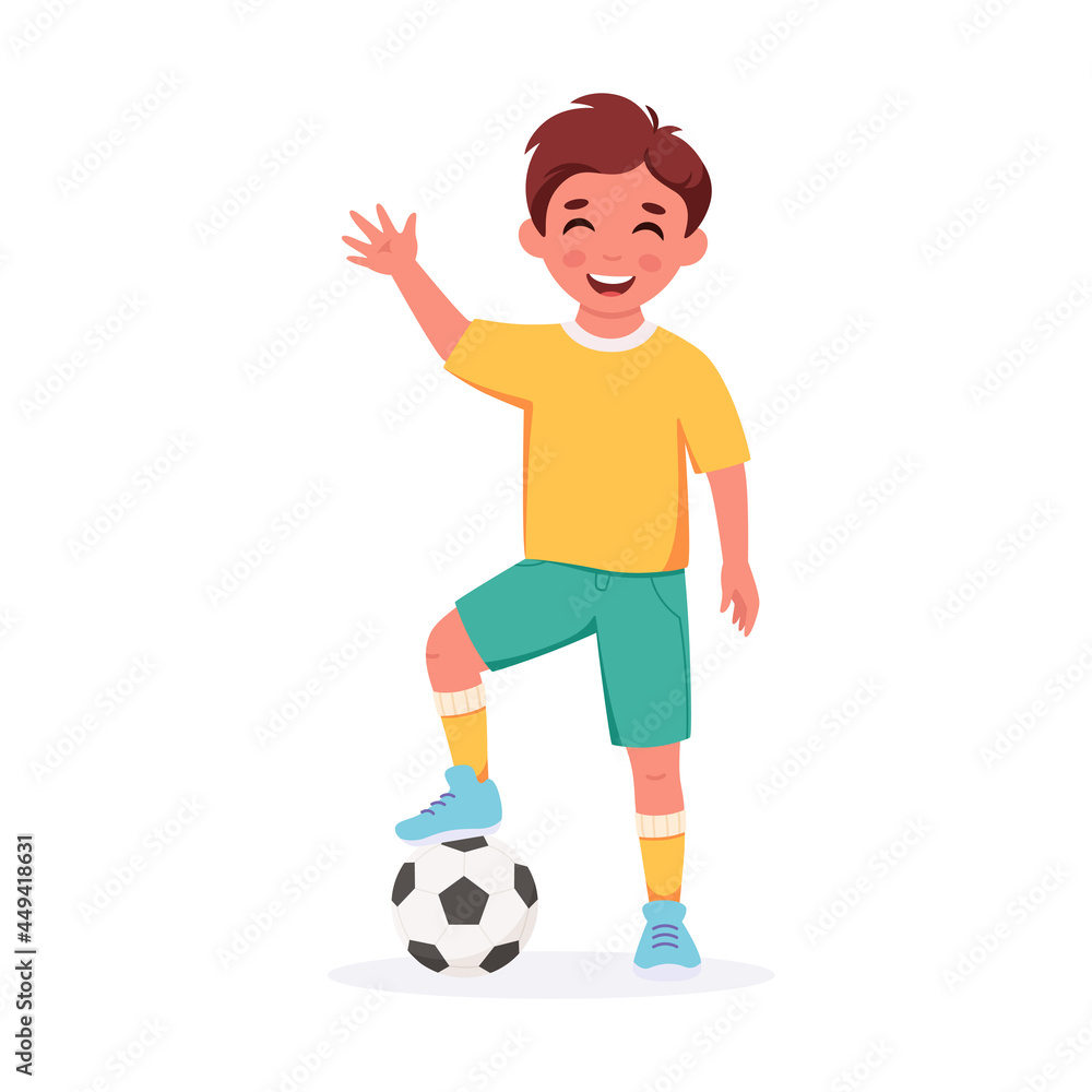 Boy with a soccer ball. Boy soccer player, boy playing football. Kids outdoor activity. Vector illustration