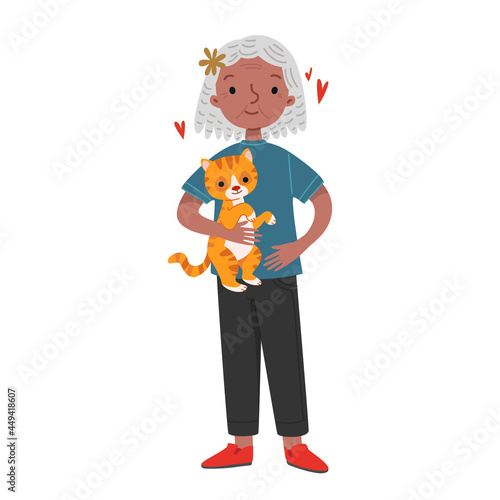 An elderly black woman stands tall and holds a ginger cat. Old character in cartoon style. Vector funny illustration of a man. Isolate on a white background about the love of pets