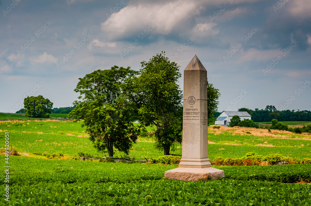 Photo of the Monument to the 14th Connecticut Volunteer Infantry Regiment, Antietam National Battlefield, Maryland USA