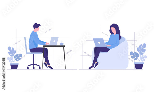 Work and study at home concept. Colored vector flat illustration. A person with a laptop. Isolated on white background. 