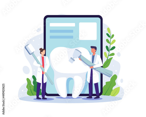 Small dentists cleaning big tooth