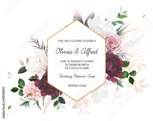 Dusty pink rose, hydrangea, magnolia, burgundy peony vector design invitation frame.