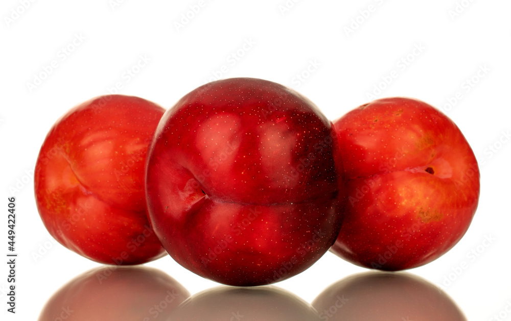 Several juicy sweet, red plums, close-up, isolated on white.