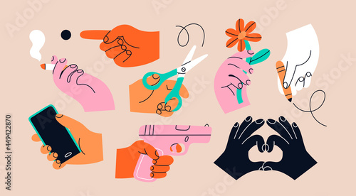 Various Hands holding things. Different gestures. Hands with cigarette, scissors, gun, flower, pencil, phone. Hand drawn colored trendy Vector illustration. All elements are isolated