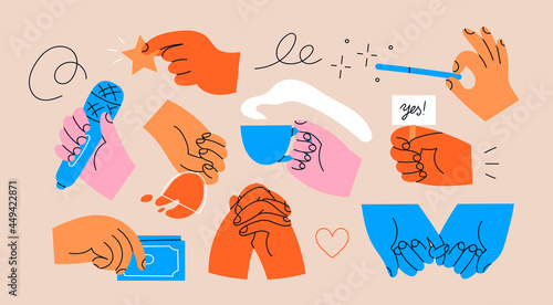 Various Hands holding things. Different gestures. Hands with cup, magic wand, banner, money, wine glass, microphone, star. Hand drawn colored trendy Vector illustration. All elements are isolated