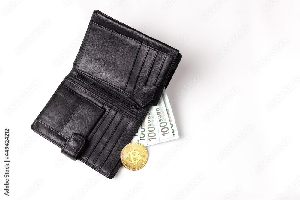 black wallet with 100 euros and bitcoin on a white background black wallet with 100 euros and bitcoin on a white background