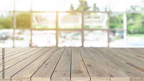 wooden display table coffee shop or office scene Concept of displaying products in the room