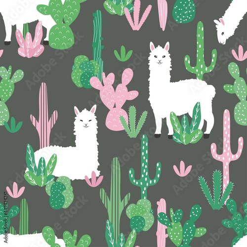 The llama pattern. Cute alpacas and cacti on a pink background. Vector hand-drawn children's collection for decorating a children's room, children's goods, fabrics, backgrounds, packaging, covers.