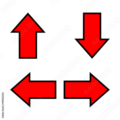 red arrow and diagonal arrow sign for map, arrow button for graphic game, arrow for direction