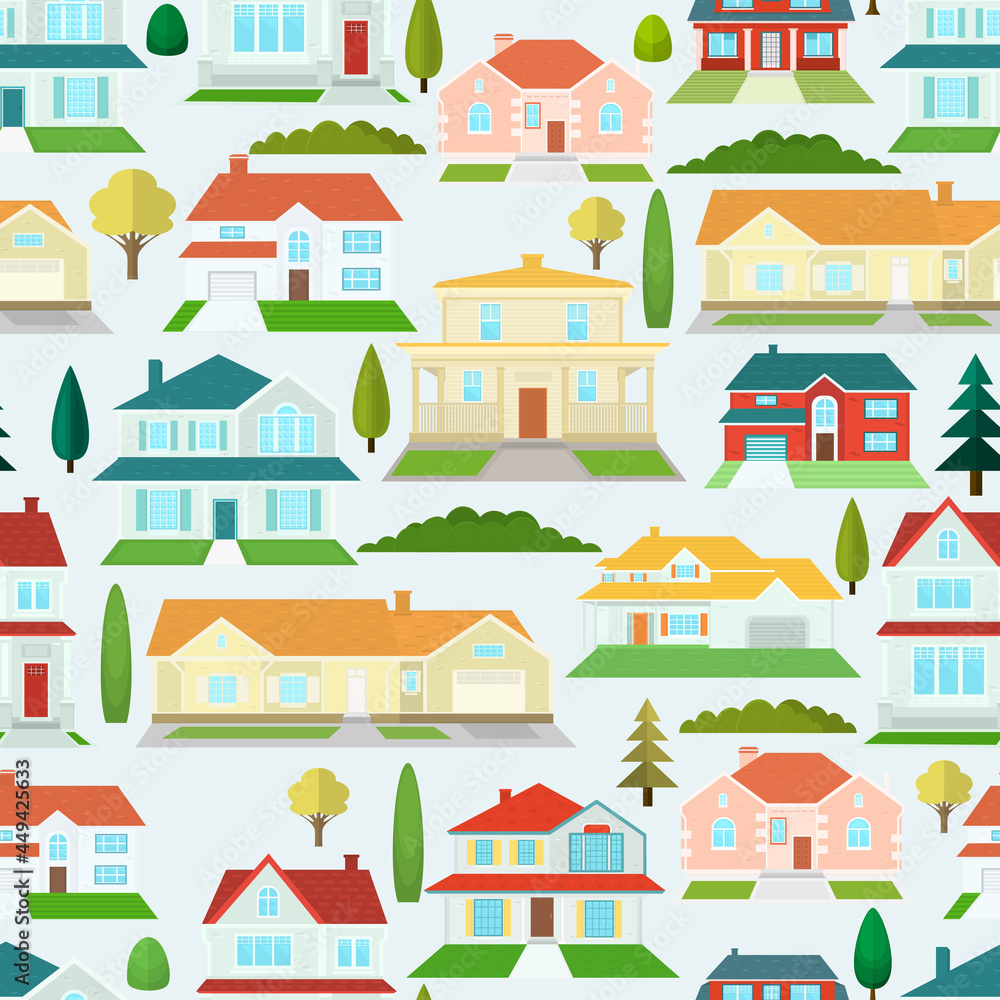 Fototapeta premium Seamless vector pattern with houses on a light blue background.