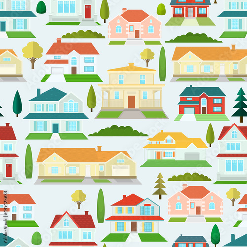 Seamless vector pattern with houses on a light blue background.