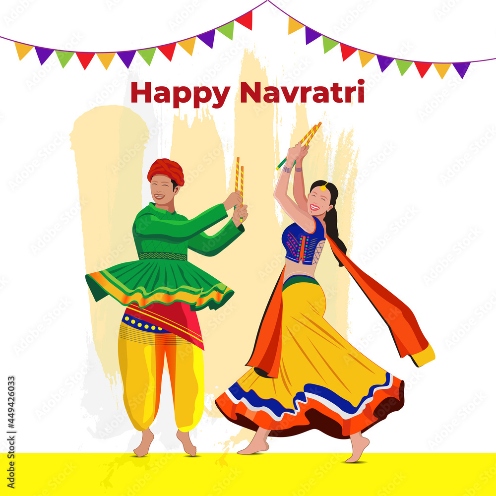 Obraz premium Creative Navratri Graba mahotsav poster design, Indian couple playing Garba