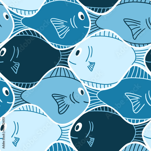 Fish in blue childish vector seamless pattern - floral design for fabric, wrapping, textile, wallpaper, background.