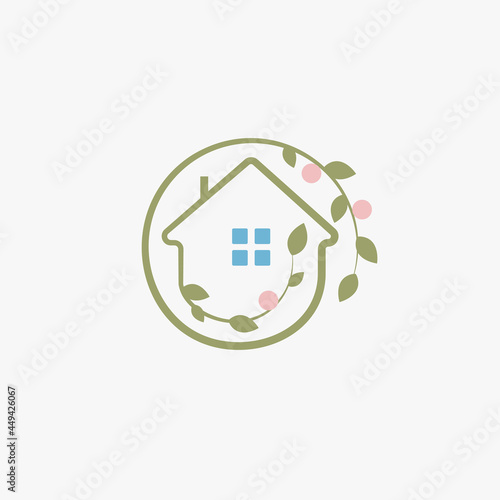 Gardening elegant logo landscape design logotype, chalet abstract icon. Leaves and fruit around house farming, eco house, vegetarian kindergarten, botanical garden decorative emblem.