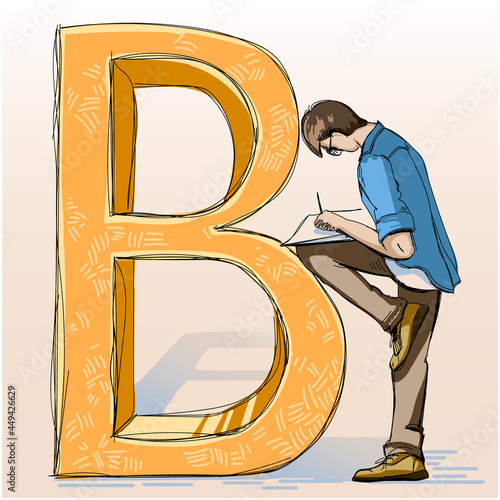 The student rests his knee on the letter B and writes. Vector sketch.