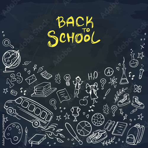Back to School banner on chalkboard. Doodles icons of education, science objects, office supplies and lettering Back to School on chalckboard. Vector illustration.