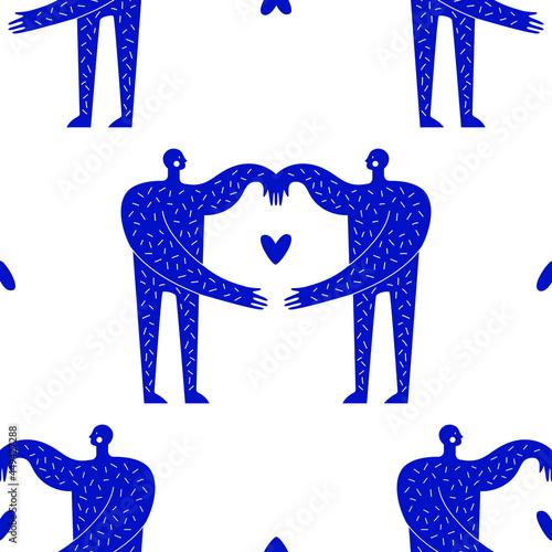 Seamless vector pattern with abstract male figure. Fun and quirky illustration. Two people with a heart