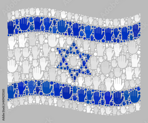 Mosaic waving Israel flag constructed with raised up voting hand icons. Vector political collage waving Israel flag designed for referendum projects. Israel flag collage is shaped from raising palms.