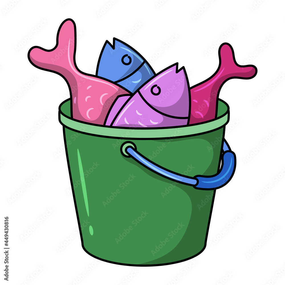 Bucket full of fish Colored vector illustration with simple hand