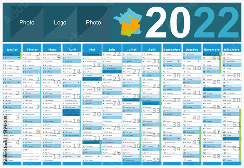 Calendrier 2022 12 mois avec vacances scolaires officielles au format 650x450 mm entièrement modifiable via calques
