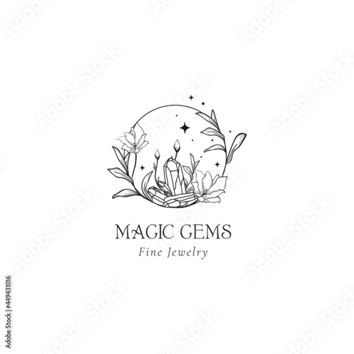 Floral Mystic Logo Design. Handdrawn magic gems.