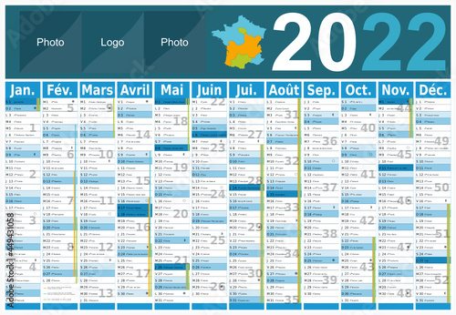 Calendrier 2022 12 mois avec vacances scolaires officielles au format 650x450 mm entièrement modifiable via calques
