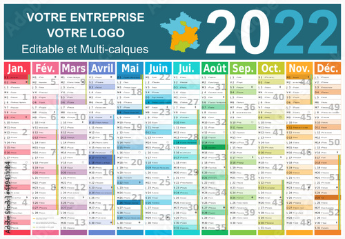 Calendrier 2022 12 mois avec vacances scolaires officielles au format 650x450 mm entièrement modifiable via calques
