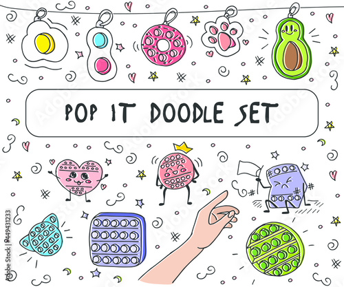 Anti-stress game for kids. Pop it. Popit. Simple Dimple. Vector Illustration. Doodle set. Hand drawn.