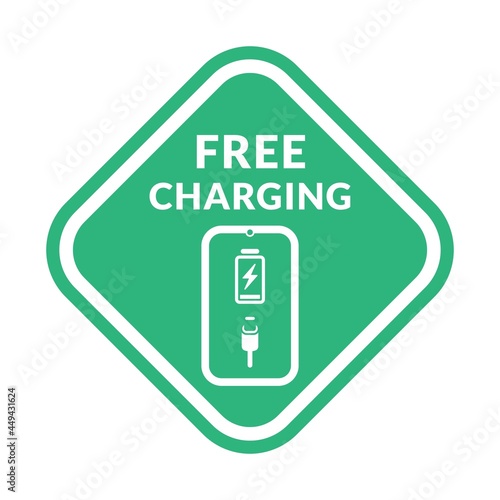 Free Charging - Emerald Vector Information Sign with English Text. Green sticker with free charging notification.