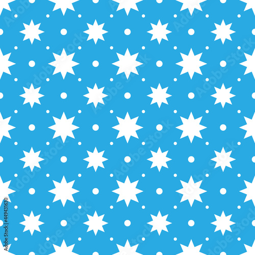 Seamless pattern created by white stars and circles set to winter season background
