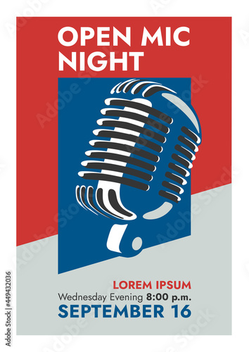 Retro style "Open Mic Night" poster featuring a microphone. High-res poster template in classic colors for a music evening or stand-up. Jazz, blues, rock and roll - poster in a bold colors.