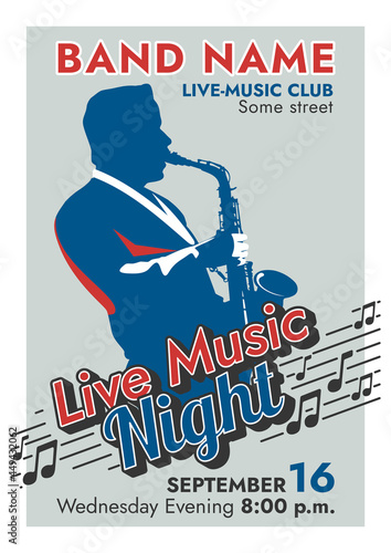 High resolution retro poster template for concert or music evening. "Live Music Night" poster featuring a silhouette of a saxophonist in classic colors.
