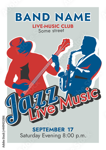 Jazz Live Music poster with a silhouette of a jazz band. High resolution retro poster template for concert or music evening.