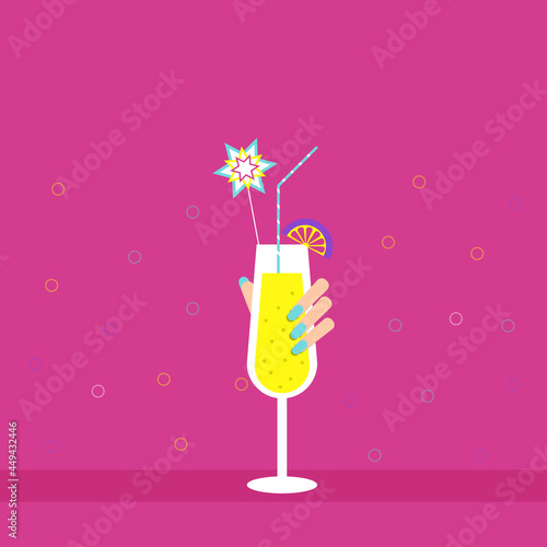 Girl holding glass with drink. flat vector illustration.