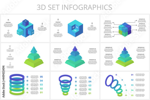 3D set vector infographic pyramid, or comparison chart with 3, 4, 5, 6, 7, colorful levitating layers.