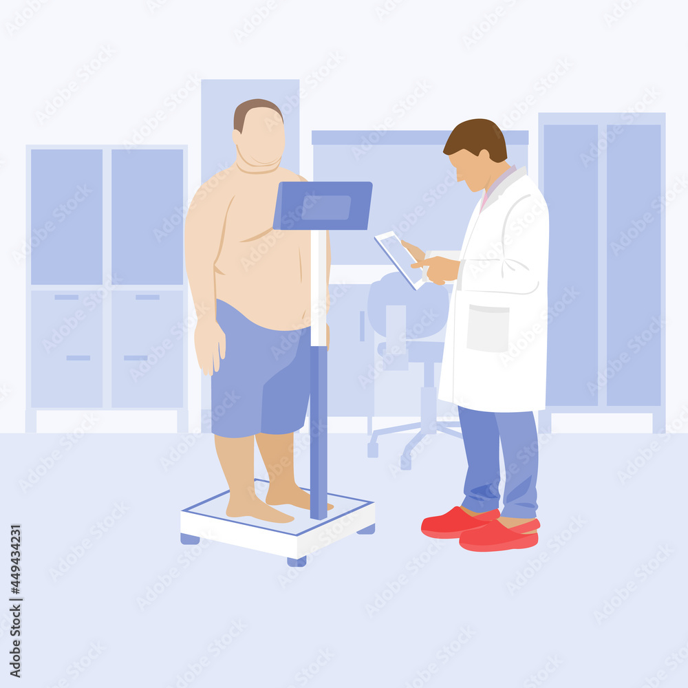 medical examination of the patient in the hospital. doctor and patient in the clinic. obesity, diabetes, heart attack, theriosis. weighing and measuring indicators. stock vector illustration isolated medical examination of the patient in the hospital. doctor and patient in the clinic. obesity, diabetes, heart attack, theriosis. weighing and measuring indicators. stock vector illustration isolated