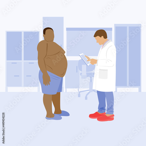 medical examination of the patient in the hospital. black doctor and patient in the clinic. obesity, diabetes, heart attack, theriosis. weighing and measuring indicators. stock vector illustration.