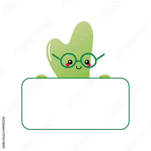 Cute and smart cartoon style jade gua sha beauty tool character holding in hands blank card, banner.
