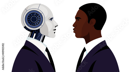 Cyborg and human. Male robot in black suit. Black man in business suit. Concept of robotization, the replacement of human labor. Collaboration of man and technology. Modern vector illustration