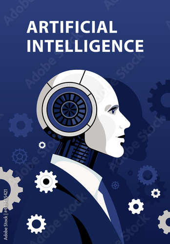 Cyborg. Robot in black business suit. Gears around. Artificial intelligence concept poster. Realistic robot on dark blue background. Concept of robotization. Modern illustration for poster, cover