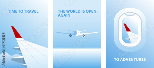 Airplane, airplane wing, porthole. Vector illustration of porthole, plane in the sky, skyline. Air travel concept. Background for poster, banner, cover. Modern vector illustration of aircraft.