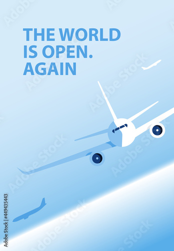 Airplane in the blue sky. Minimalistic light blue skyline, clouds and plane. Air travel concept. Modern vector illustration of aircraft for poster, banner, cover.